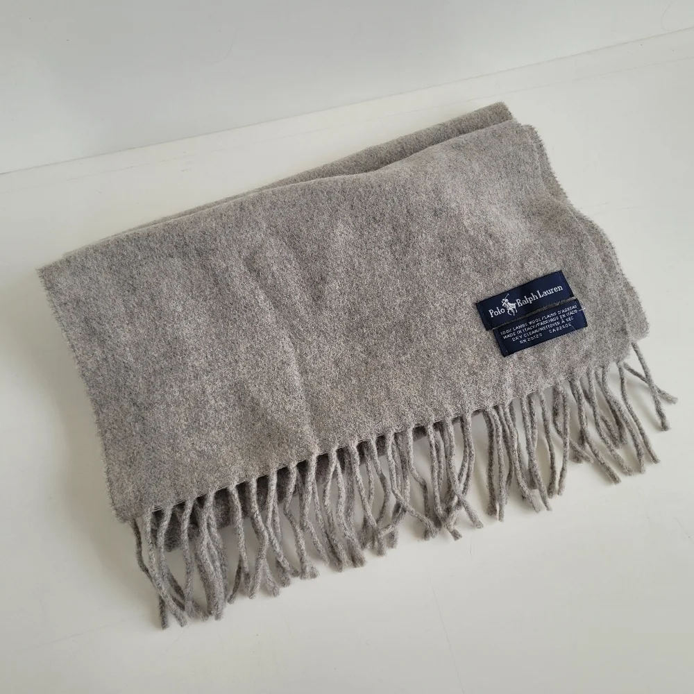 Polo Ralph Lauren 100% Lambs Wool Big Pony Scarf Gray W Fringe